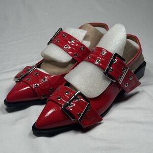 Womens Pointed Toe Mule Heels Red Patent Buckle Studded Slingback Low Heel 9.5